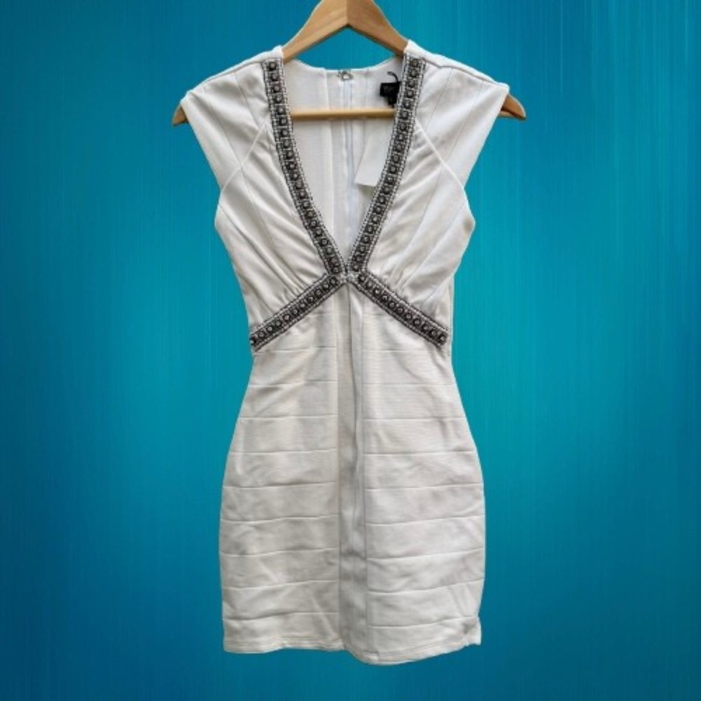 NEW Sky White Bandage Mini Dress Rhinestone Embellished V-Neck XS